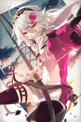 Rule 34 | 1girl, ahoge, blurry, braid, depth of field, goggles, goggles on head, hair ornament, ia (vocaloid), kazutake hazano, long hair, pink eyes, pointing, pointing at viewer, silver hair, solo, twin braids, vocaloid, wrench