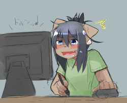Rule 34 | 1girl, black hair, blue eyes, blush, computer, copyright request, dog, female focus, furry, furry female, mouse (animal), open mouth, peruri (derimono0), ponytail, purple eyes, solo, tablet, translation request, upper body