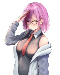 Rule 34 | 1girl, absurdres, black shirt, blush, breasts, closed mouth, cozie178, fate/grand order, fate (series), glasses, hair between eyes, highres, looking at viewer, mash kyrielight, medium breasts, medium hair, necktie, one eye closed, open clothes, open robe, purple eyes, purple hair, red necktie, robe, salute, shirt, smile, solo, upper body, white background, white robe