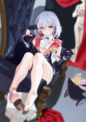 Rule 34 | 1girl, absurdres, barefoot, between toes, blurry, blush, depth of field, feet, grey hair, highres, honkai: star rail, honkai (series), looking at viewer, medium hair, multicolored hair, parted lips, senbonsang, soles, streaked hair, toes, topaz (honkai: star rail)