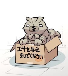 Rule 34 | animal focus, box, bug, cardboard box, for adoption, highres, in box, in container, ishiyumi, ma no mono-tachi, mandibles, monster, shadow, solo, translation request, white eyes
