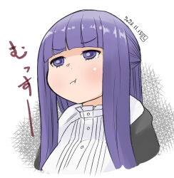 Rule 34 | 1girl, :t, blunt bangs, blush, buttons, closed mouth, commentary request, cropped torso, dated, fern (sousou no frieren), frilled shirt collar, frills, frown, hatching (texture), hime cut, kei jiei, long hair, looking afar, medium bangs, portrait, pout, purple eyes, purple hair, shirt, sidelocks, solo, sousou no frieren, white background, white shirt