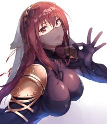 Rule 34 | 1girl, armor, bodysuit, breasts, covered navel, fate/grand order, fate (series), impossible clothes, large breasts, lips, long hair, looking at viewer, mouth veil, parted lips, pauldrons, purple bodysuit, purple hair, red eyes, scathach (fate), shiny clothes, shoulder armor, solo, upper body, veil, very long hair, yomo (majidon)