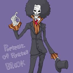 Rule 34 | 1boy, afro, black hair, black pants, brook (one piece), character name, formal, hat, lowres, male focus, one piece, pants, purple background, shirt, simple background, skeleton, skull, solo, standing, striped clothes, striped shirt, suit, top hat, unworn hat, unworn headwear