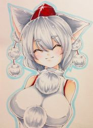 Rule 34 | 1girl, ^ ^, absurdres, animal ears, bare shoulders, blush, breasts, cheriina, closed eyes, female focus, hat, highres, inubashiri momiji, large breasts, short hair, silver hair, smile, solo, tokin hat, touhou, traditional media, upper body, wolf ears