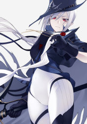 Rule 34 | 1girl, arknights, ascot, banned artist, bare shoulders, black cape, black dress, black gloves, black headwear, black thighhighs, breasts, cape, closed mouth, commentary request, cowboy shot, dress, gladiia (arknights), gloves, hat, holding, holding polearm, holding weapon, kyoeiki, looking at viewer, medium breasts, pants, partially submerged, pointy ears, polearm, red eyes, serious, silver hair, simple background, spear, thigh gap, thigh strap, thighhighs, tight clothes, tight pants, tricorne, weapon, white ascot, white background, white pants