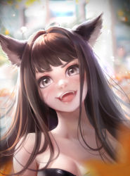 Rule 34 | 1girl, animal ears, bare shoulders, blunt bangs, blurry, blurry background, brawler (dungeon and fighter), brown hair, cat ears, collarbone, dungeon and fighter, fangs, fighter (dungeon and fighter), flute (artist), grey eyes, highres, long hair, open mouth, scar, scar on face, scratches, smile, solo, tongue