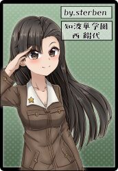 Rule 34 | 1girl, artist name, asymmetrical bangs, black border, black eyes, black hair, border, brown jacket, character name, chi-hatan military uniform, closed mouth, commentary, girls und panzer, highres, jacket, long hair, long sleeves, looking at viewer, military, military uniform, nishi kinuyo, salute, smile, solo, star (symbol), sterben (sterben dead), straight hair, translated, uniform, upper body
