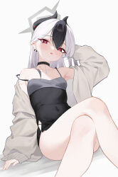 Rule 34 | 1girl, ass, black choker, black dress, black hair, black horns, blue archive, blush, breasts, choker, collarbone, demon horns, dress, ear piercing, earrings, feet out of frame, grey hair, grey halo, grey jacket, hair between eyes, halo, highres, horns, jacket, jewelry, kayoko (blue archive), kayoko (dress) (blue archive), long hair, long sleeves, multicolored hair, official alternate costume, open clothes, open jacket, open mouth, piercing, red eyes, shou xun bu liang, simple background, small breasts, solo, white background