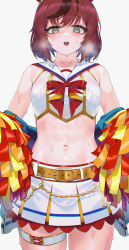 Rule 34 | 1girl, absurdres, animal ears, belt, blush, breasts, check commentary, collarbone, commentary, commentary request, empty eyes, grey hair, hair between eyes, hair ornament, heavy breathing, highres, horse ears, horse girl, jacket, looking at viewer, medium breasts, medium hair, midriff, navel, nice nature (run&amp;win) (umamusume), nice nature (umamusume), official alternate costume, official alternate hairstyle, open mouth, pom pom (cheerleading), red hair, sarcophage, solo, sweat, umamusume, white background