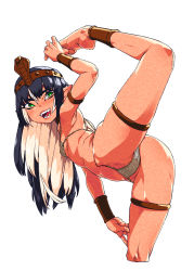 Rule 34 | 1girl, barefoot, bikini, black hair, breasts, facial mark, fangs, feet, female focus, flexible, from behind, green eyes, guido (sucurapu), headdress, highres, looking at viewer, looking back, multicolored hair, open mouth, original, pointy ears, simple background, small breasts, solo, standing, standing on one leg, swimsuit, teeth, thighlet, white background, white hair