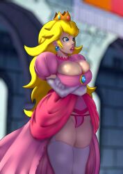 Rule 34 | 1girl, absurdres, blonde hair, blue eyes, breast hold, breasts, bursting breasts, cleavage, cleavage cutout, clothes lift, clothing cutout, crossed arms, dress, dress lift, highres, large breasts, legs, long hair, mario (series), mr.russo, nintendo, open mouth, panties, pink lips, pink panties, princess, princess peach, solo, super mario bros. 1, thick thighs, thighs, tongue, tongue out, underwear