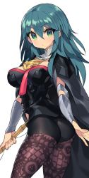 Rule 34 | 1girl, arm guards, armor, ass, black cape, black shorts, blue eyes, blue hair, breasts, brown pantyhose, byleth (female) (fire emblem), byleth (fire emblem), cape, cleavage cutout, clothing cutout, collar, fire emblem, fire emblem: three houses, fishing rod, gradient eyes, hair between eyes, highres, holding, holding fishing rod, itsumo nokoru, lace, lace-trimmed legwear, lace trim, large breasts, pantyhose under shorts, long hair, looking at viewer, looking back, multicolored eyes, nintendo, pantyhose, short shorts, shorts, shoulder armor, simple background, solo, white background