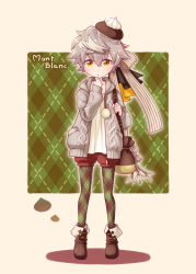 Rule 34 | 1girl, bag, beret, boots, bow, brown background, brown eyes, brown footwear, brown hat, brown shorts, commentary request, full body, green background, green legwear, grey hair, grey jacket, hair between eyes, hand up, harada (sansei rain), hat, highres, hood, hood down, hooded jacket, jacket, long sleeves, looking at viewer, mini hat, open clothes, open jacket, original, personification, plaid, plaid background, plaid legwear, puffy long sleeves, puffy shorts, puffy sleeves, shirt, short hair, short shorts, shorts, shoulder bag, sleeves past wrists, solo, standing, striped, striped bow, tilted headwear, two-tone background, white shirt