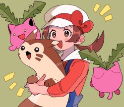 Rule 34 | 1girl, :d, blue overalls, blush stickers, bow, brown eyes, brown hair, cabbie hat, commentary request, creatures (company), furret, game freak, gen 2 pokemon, green background, hat, hat bow, highres, holding, holding pokemon, hoppip, long hair, lyra (pokemon), momotose (hzuu xh4), nintendo, open mouth, overalls, pokemon, pokemon (creature), pokemon hgss, red bow, red shirt, shirt, smile, twintails, white headwear