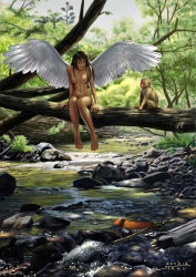Rule 34 | 00s, 1girl, 2002, angel, angel wings, arms at sides, barefoot, breasts, brown eyes, brown hair, bug, collarbone, dated, dragonfly, feathered wings, foot dangle, forest, highres, in tree, bug, lips, long hair, looking at viewer, matataku, monkey, nature, navel, nipples, nude, original, outdoors, river, rock, signature, sitting, sitting in tree, solo, spread wings, stream, tree, white wings, wings