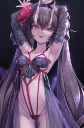 Rule 34 | 1girl, arms up, black background, black hair, black sleeves, breasts, detached sleeves, flower, hair flower, hair ornament, highres, horns, long hair, looking at viewer, original, red eyes, red flower, red rope, red rose, rope, rose, shibari, simple background, skin-covered horns, small breasts, solo, tongue, tongue out, very long hair, whois