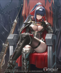 Rule 34 | 1girl, armor, armored boots, blue hair, boots, breasts, cape, chair, cleavage, cleavage cutout, closed mouth, clothing cutout, collar, commentary request, cuboon, evertale, finger to head, gloves, green eyes, large breasts, leg armor, crossed legs, official art, red gloves, red ribbon, ribbon, shoulder armor, sitting, thighhighs, thighs, throne