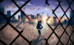 Rule 34 | 1girl, 40hara, blonde hair, breasts, chain-link fence, cityscape, cloud, dress, fence, hairband, original, red eyes, sheep girl, sky, small breasts, solo, standing, sun, thighhighs, zettai ryouiki