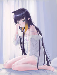 Rule 34 | 1girl, absurdres, artist name, bare shoulders, barefoot, bed, blunt bangs, blush, bra, closed mouth, collarbone, collared shirt, commentary, commentary request, curtains, english commentary, eyelashes, feet, frown, gradient hair, hand up, highres, hololive, hololive english, indoors, long hair, long sleeves, looking at viewer, looking to the side, mixed-language commentary, mole, mole under eye, morning, multicolored hair, ninomae ina&#039;nis, off shoulder, on bed, open clothes, open shirt, orange hair, pillow, pink bra, pointy ears, purple eyes, purple hair, reylan520, shirt, sidelocks, sitting, solo, strap slip, tentacle hair, twitter username, unbuttoned sleeves, underwear, very long hair, virtual youtuber, wariza, white shirt
