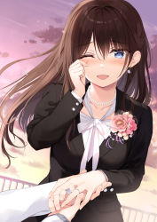Rule 34 | 1girl, ;d, bead necklace, beads, black jacket, blazer, blue eyes, boku no kanojo sensei, brown hair, earrings, flower, fujiki maka, gradient sky, hand up, highres, holding hands, jacket, jewelry, long hair, long sleeves, looking at viewer, marriage proposal, neck ribbon, necklace, one eye closed, open mouth, ornate ring, oryo (oryo04), outdoors, pink flower, pov, pov hands, ribbon, ring, shirt, sky, smile, solo, twilight, undershirt, upper body, white ribbon, white shirt