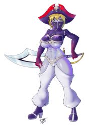 Rule 34 | 1girl, abs, alternate color, bleach, blonde hair, breasts, colored skin, cutlass, cutlass, fusion, green eyes, grey skin, hat, high collar, highres, large breasts, pirate, pirate hat, randomboobguy, revealing clothes, risky boots, shantae (series), solo, sword, tier harribel, underboob, weapon