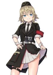 Rule 34 | 1girl, absurdres, armband, black hat, black jacket, black necktie, blonde hair, blue eyes, blush, camera, clothes lift, commentary request, crossed bangs, garrison cap, girls&#039; frontline, grin, hair between eyes, hair ornament, hairclip, hand on own hip, hat, highres, holding, jacket, lifting own clothes, looking at viewer, mari0ball, military, military hat, military uniform, mp41 (girls&#039; frontline), necktie, notepad, red armband, shirt, short hair, short sleeves, simple background, skindentation, skirt, skirt lift, smile, solo, straight-on, thigh strap, uniform, white background, white shirt, white skirt, wrist cuffs