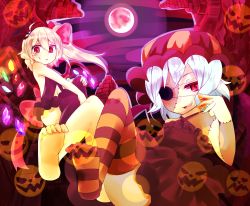 Rule 34 | 2girls, alternate costume, backless outfit, bad id, bad pixiv id, bare arms, bare shoulders, barefoot, bat wings, blonde hair, clothing cutout, dress, eye contact, feet, female focus, flandre scarlet, full moon, glowing, glowing wings, hair ribbon, halloween, hands on own knees, hat, head wings, highres, jack-o&#039;-lantern, looking at another, looking at viewer, midriff, moon, multiple girls, navel, navel cutout, no shoes, open mouth, pink eyes, purple dress, purple legwear, red moon, remilia scarlet, ribbon, short hair, siblings, side ponytail, silver hair, single thighhigh, sisters, sitting, smile, smirk, stitches, striped clothes, striped legwear, striped thighhighs, thighhighs, touhou, wankoo-mikami, wings, zombie