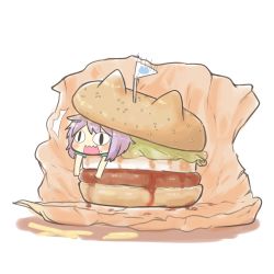 Rule 34 | 10s, 1girl, ^^^, animal ears, black eyes, blush stickers, burger, cat ears, flag, food, in food, inishie, kantai collection, ketchup, lettuce, lying, mini person, minigirl, on stomach, open mouth, purple hair, short hair, solo, surprised, sweatdrop, tama (kancolle), wavy mouth, white background, wrapper