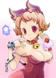 Rule 34 | 1girl, animal ears, bell, neck bell, blush, bracelet, breasts, brown hair, cat ears, cleavage, collar, cuffs, earrings, handcuffs, jewelry, leotard, looking at viewer, lots of jewelry, medium breasts, original, pantyhose, red eyes, ring, short hair, smile, solo, strap slip, uni mate