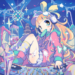 Rule 34 | 1girl, album cover, blonde hair, blue background, blue eyes, blunt bangs, blush stickers, boots, candy, candy cane, cd, cover, disco ball, dj, fang, fondue, food, food in mouth, food on clothes, food on face, from side, full body, green footwear, green hoodie, grey skirt, hair ornament, hair ribbon, hand on headphones, hat, headphones, headwear request, heart, heart hair ornament, highres, hood, hood down, hoodie, ice cream, ice cream cone, ice cream on face, indie utaite, jewelry, kneehighs, knees up, lollipop, long hair, looking at viewer, looking to the side, loose socks, maako (yuuyake.), miniskirt, multicolored hair, nanahira, orange hair, pendant, phonograph, pink hoodie, pleated skirt, polka dot socks, popcorn, ribbon, sitting, skirt, smile, socks, solo, star-shaped pupils, star (symbol), star hair ornament, stereo, streaked hair, suggestive fluid, sunburst, sunburst background, swirl lollipop, symbol-shaped pupils, textless version, turntable, wavy hair, yellow ribbon