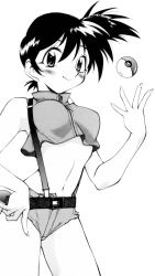 Rule 34 | 1girl, alternate breast size, arched back, belt, blouse, blush, breasts, collared shirt, creatures (company), crop top, crop top overhang, cutoffs, denim, denim shorts, extraction, game freak, greyscale, gym leader, hand on own hip, high collar, large breasts, micro shorts, midriff, misty (pokemon), monochrome, navel, nintendo, ono toshihiro, poke ball, poke ball (basic), pokemon, pokemon: the electric tale of pikachu, retro artstyle, shirt, short shorts, shorts, side ponytail, sleeveless, sleeveless shirt, smile, solo, standing, stomach, suspenders, transparent background, vector trace