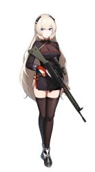 Rule 34 | 1girl, battle rifle, black dress, black thighhighs, blonde hair, breasts, cero (last2stage), commission, dress, full body, g3 (girls&#039; frontline), g3 (mod3) (girls&#039; frontline), girls&#039; frontline, gloves, gun, h&amp;k g3, highres, large breasts, long hair, long sleeves, looking at viewer, mod3 (girls&#039; frontline), parted lips, pixiv commission, purple eyes, red gloves, rifle, simple background, solo, standing, thighhighs, thighs, weapon, white background