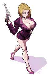 Rule 34 | 1girl, absurdres, bare legs, blonde hair, cleavage cutout, breasts, business suit, cleavage, female focus, fontez, formal, gun, hand on own hip, handgun, high heels, highres, hunter x hunter, large breasts, looking at viewer, mature female, pakunoda, pistol, red eyes, revolver, short hair, skirt, skirt suit, solo, suit, weapon