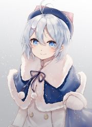 Rule 34 | .live, 1girl, ahoge, beret, blue eyes, blue hair, blue hat, blush, buttons, capelet, commentary request, dennou shoujo siro, double-breasted, gloves, gradient background, grey background, hair between eyes, hair ornament, hat, highres, looking at viewer, lovely yoshio, mittens, short hair, simple background, snow, snowing, solo, virtual youtuber, winter clothes, x hair ornament