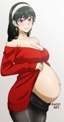 Rule 34 | 1girl, absurdres, artist name, bare shoulders, black hair, blush, breasts, cleavage, closed mouth, collarbone, cowboy shot, curvy, dress, earrings, groin, hairband, highres, jewelry, large breasts, looking at viewer, midriff, off-shoulder shirt, off shoulder, outie navel, pantyhose, pregnant, red eyes, red sweater, sado art, shirt, skirt, smile, solo, spy x family, standing, sweater, sweater dress, thick thighs, thighs, wide hips, yor briar