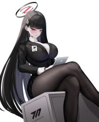 Rule 34 | 1girl, absurdres, black hair, black halo, black pantyhose, blue archive, bright pupils, clothes lift, crossed legs, hair ornament, hairclip, hairpin, halo, highres, holding, holding tablet pc, id card, light blush, long hair, looking at viewer, pantyhose, red eyes, ribbed sweater, rio (blue archive), sagatin, simple background, sitting, sweater, sweater lift, tablet pc, turtleneck, turtleneck sweater, very long hair, white background, white pupils, white sweater