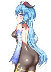 Rule 34 | 1girl, absurdres, ahoge, artist request, ass, bare shoulders, blue hair, blush, bodysuit, breasts, detached sleeves, from behind, ganyu (genshin impact), genshin impact, gloves, highres, horns, leotard, long hair, looking at viewer, looking back, pantyhose, purple eyes, shiny clothes, shiny skin, sideboob, smile, solo, transparent background, very long hair