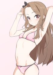 Rule 34 | 1girl, arm behind head, arm up, armpits, blush, bow, bow panties, bra, breasts, brown hair, closed mouth, cowboy shot, dorontabi, female focus, fingernails, groin, hair ornament, hairband, highres, idolmaster, idolmaster (classic), long hair, looking at viewer, minase iori, navel, own hands together, panties, pink bra, pink panties, polka dot, polka dot bra, polka dot panties, red eyes, simple background, small breasts, solo, standing, underwear, underwear only
