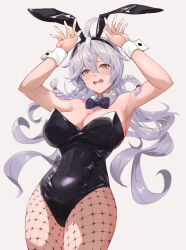 Rule 34 | 1girl, absurdres, ahoge, animal ears, armpits, arms up, bare shoulders, black bow, black bowtie, black hairband, black leotard, black pantyhose, blush, bow, bowtie, braid, breasts, cleavage, covered navel, detached collar, embarrassed, fishnet pantyhose, fishnets, granblue fantasy, grey hair, hairband, highres, large breasts, leotard, long hair, looking at viewer, nos, open mouth, pantyhose, playboy bunny, rabbit ears, rabbit pose, silva (granblue fantasy), simple background, solo, strapless, strapless leotard, twin braids, very long hair, white background, wrist cuffs, yellow eyes