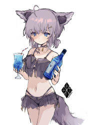 Rule 34 | 1girl, ahoge, animal ears, arknights, bare shoulders, bendy straw, bikini, black bikini, blue eyes, bottle, closed mouth, cup, drinking glass, drinking straw, extra ears, fox ears, fox girl, fox tail, grey hair, hair ornament, hairclip, headphones for animal ears, highres, holding, holding bottle, holding cup, low twintails, nanatsuka, navel, official alternate costume, see-through, simple background, solo, sussurro (arknights), sussurro (summer flower) (arknights), swimsuit, tail, twintails, white background, x hair ornament