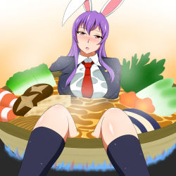 Rule 34 | 1girl, animal ears, black legwear, blazer, blue fire, blush, breasts, collared shirt, cooking, crescent, fire, fire, food, head tilt, highres, in food, jacket, lactone, large breasts, long hair, looking at viewer, mini person, minigirl, name connection, noodles, object namesake, open mouth, partially submerged, purple eyes, rabbit ears, red eyes, reisen udongein inaba, shirt, frying pan, solo, soup, steam, sweat, touhou, udon, wet, wet clothes