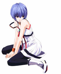 Rule 34 | 1girl, ayanami rei, bad id, bad pixiv id, bare shoulders, black pantyhose, blue hair, boots, full body, highres, kuro (1968), looking back, neon genesis evangelion, open mouth, pantyhose, red eyes, short hair, simple background, solo