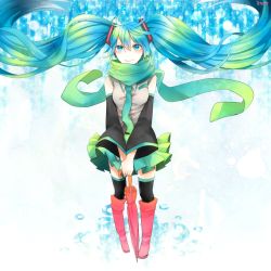 Rule 34 | 1girl, aqua eyes, aqua hair, bad id, bad pixiv id, boots, closed umbrella, detached sleeves, floating hair, hatsune miku, knee boots, long hair, miyake achi, necktie, rubber boots, scarf, skirt, smile, solo, thighhighs, twintails, umbrella, very long hair, vocaloid