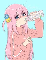 Rule 34 | 1girl, aqua background, blue eyes, blush, bocchi the rock!, bottle, cube hair ornament, drinking, gotoh hitori, hair between eyes, hair ornament, highres, holding, holding bottle, jacket, kuroi mimei, long hair, long sleeves, one side up, pink hair, pink jacket, simple background, solo, track jacket, upper body