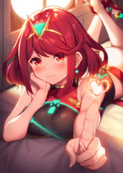 Rule 34 | 1girl, absurdres, bare shoulders, black one-piece swimsuit, blush, breasts, chest jewel, competition swimsuit, earrings, fire, heart, highres, jewelry, large breasts, looking at viewer, lying, on stomach, one-piece swimsuit, pyra (pro swimmer) (xenoblade), pyra (xenoblade), raiou, red eyes, red hair, red one-piece swimsuit, short hair, smile, solo, swept bangs, swimsuit, tiara, xenoblade chronicles (series), xenoblade chronicles 2