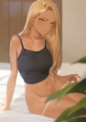 Rule 34 | 1girl, arm support, bare arms, bare shoulders, black shirt, blonde hair, blurry, breasts, camisole, collarbone, convenient censoring, crop top, depth of field, forehead, grin, highres, kinta (distortion), large breasts, long hair, looking at viewer, navel, original, panties, panty pull, shirt, sitting, sleeveless, sleeveless shirt, smile, solo, spaghetti strap, stomach, tan, thighs, underwear, white panties, yellow eyes