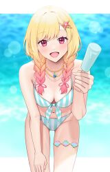 Rule 34 | 1girl, 2 (tsvf3235), beach, bikini, blonde hair, braid, breasts, cleavage, food, gradient hair, jewelry, long hair, looking at viewer, medium breasts, multicolored hair, necklace, official alternate hairstyle, open mouth, pink eyes, pink hair, popsicle, pov, project sekai, smile, solo, striped bikini, striped clothes, swimsuit, tenma saki, twin braids