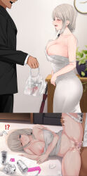Rule 34 | !?, 1boy, 1girl, 2koma, absurdres, alcohol, alternate costume, areola slip, bag, bare shoulders, beer, black jacket, black pants, blazer, blurry, blurry background, breasts, censored, clock, closed eyes, clothed sex, clothes lift, clothes pull, collarbone, comic, commentary, condom, condom box, condom packet strip, condom wrapper, covered erect nipples, dark-skinned male, dark skin, dress, dress lift, dress pull, feet out of frame, from side, head out of frame, hetero, highres, holding, holding bag, indoors, instant loss, jacket, jewelry, jjanda, large breasts, leg up, long sleeves, lying, mature female, mosaic censoring, motion lines, nipple slip, nipples, okamoto condoms, on side, one eye closed, open mouth, panties, panties around leg, pants, parted lips, penis, plant, plastic bag, potted plant, profile, pussy, ring, sex, sideboob, sleeveless, sleeveless dress, strap slip, teeth, thighs, tongue, umbrella, underwear, upper teeth only, uzaki-chan wa asobitai!, uzaki tsuki, vaginal, wall, wedding ring, white dress