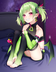 Rule 34 | 1girl, absurdres, blush, breasts, cleavage, collarbone, commentary, commission, delutaya, demon girl, demon tail, demon wings, earrings, elbow gloves, english commentary, fingerless gloves, gloves, glowing, glowing eyes, highres, indie virtual youtuber, jewelry, looking at viewer, on bed, pink eyes, pointy ears, second-party source, sitting, smile, solo, tail, the cold, thighhighs, triangle earrings, twintails, v-shaped eyes, virtual youtuber, wings